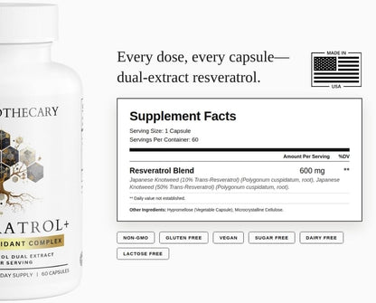 Resveratrol+ 600mg Trans-Resveratrol from Japanese Knotweed Root - Dual Extract Anti-Aging & Heart Support - Vegan, Non-GMO, Gluten Free - 60 Capsules