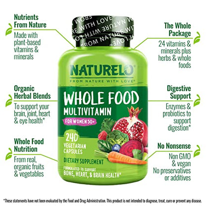 NATURELO Whole Food Multivitamin for Women 50+ (Iron Free) with Vitamins, Minerals