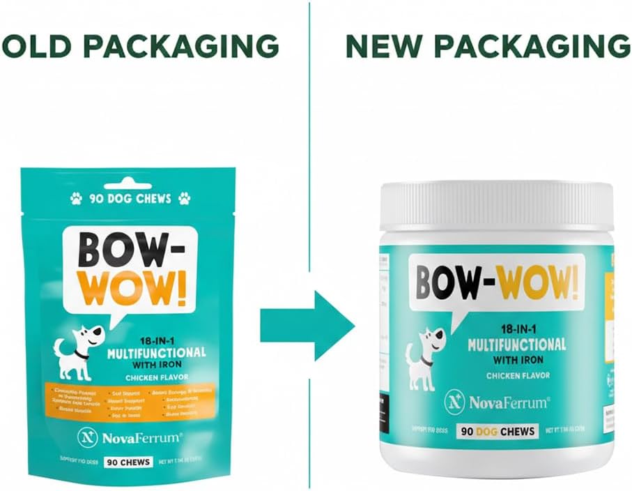 NovaFerrum Bow Wow | 18-in-1 Multifunctional with Iron Supplement for Dogs | Blood Support for Anemia | Glucosamine | Probiotics | Antioxidants | Chicken Flavor | 90 Chews