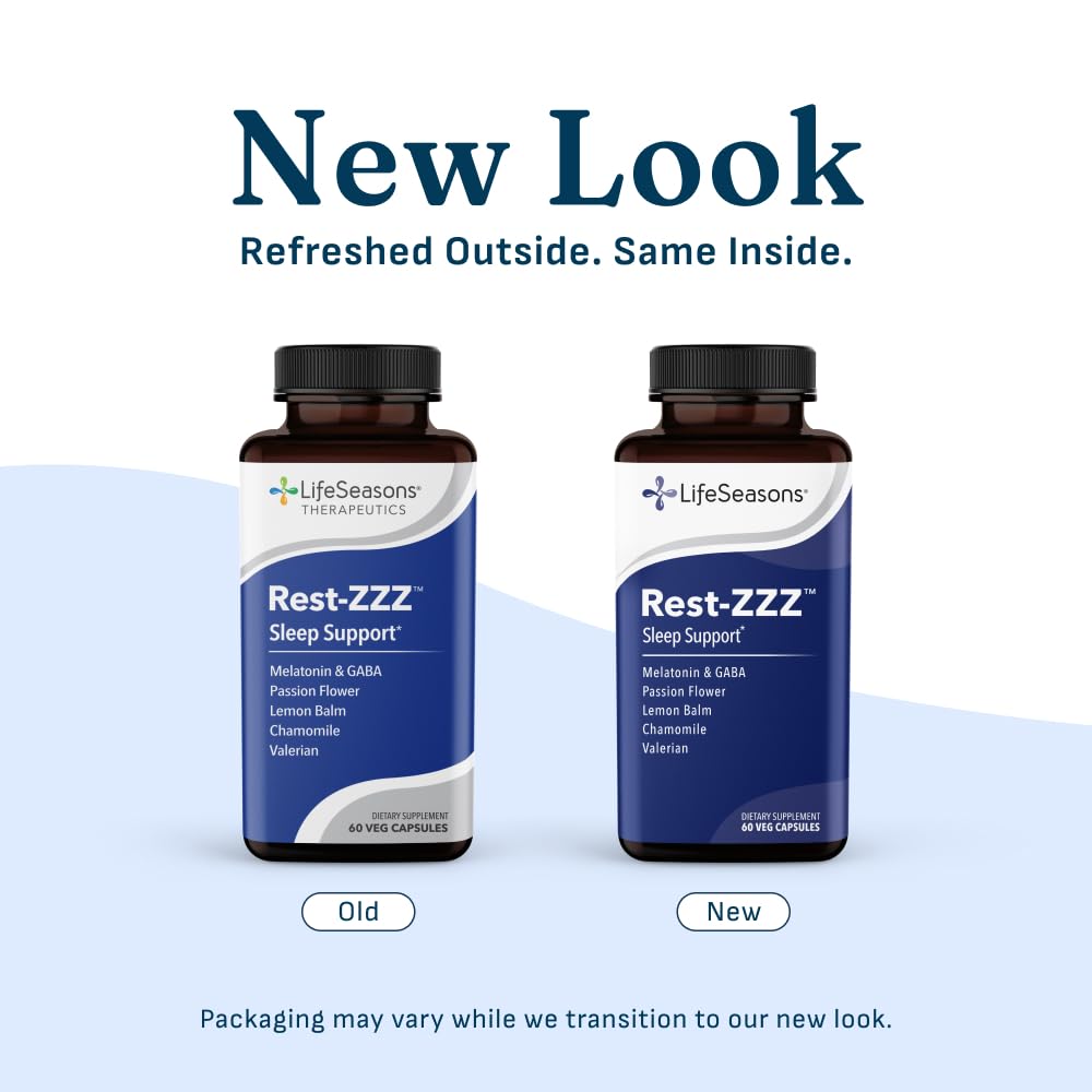 LifeSeasons Rest-ZZZ - Natural Sleep Support Supplement - Fall Asleep & Stay Asleep - Calms Nervous System - Ease Muscle Tension & Restlessness - Low Dose Melatonin GABA & Chamomile - 60 Capsules
