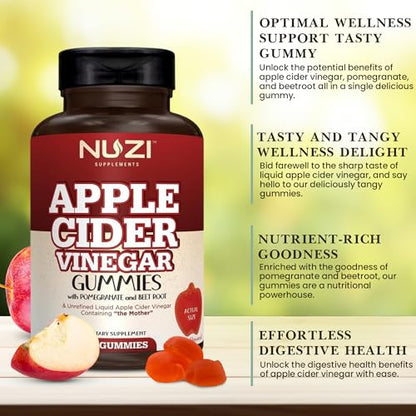 NUZI Apple Cider Vinegar Gummies with Pomegranate & Beetroot | 500 mg | Certified Halal