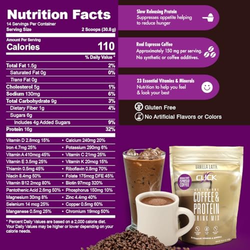 CLICK Coffee Protein Powder | Double Shot Espresso | 16g Protein | 23 Essential Vitamins