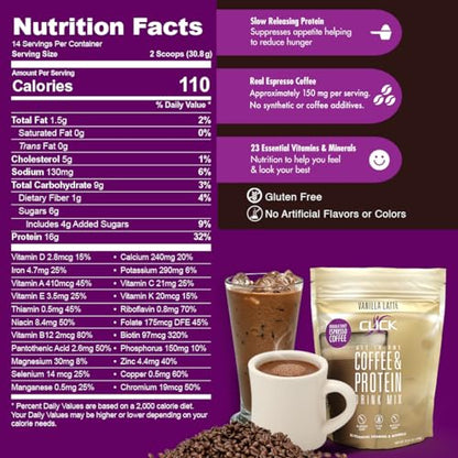 CLICK Coffee Protein Powder | Double Shot Espresso | 16g Protein | 23 Essential Vitamins