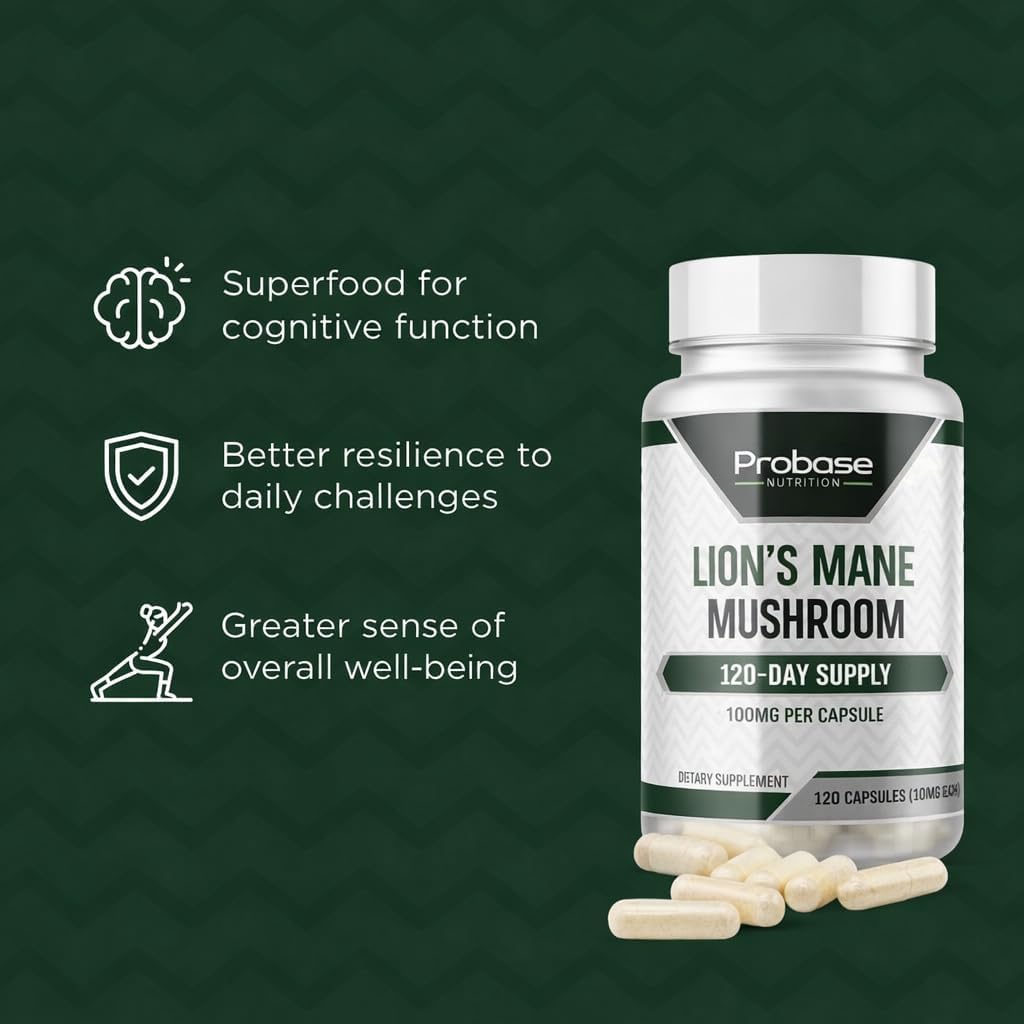 Probase Nutrition Lions Mane Mushroom Cognition | Brain Supplement, Brain Vitamins, Focus Supplement - 100mg per Capsule - 4 Month Supply 120 Count