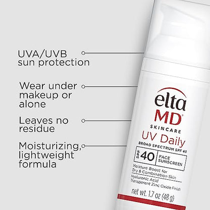 EltaMD UV Daily Face Sunscreen with Zinc Oxide, SPF 40 Facial Sunscreen, Helps Hydrate