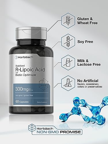 Stabilized R-Lipoic Acid 300mg | 60 Capsules | with Biotin Optimizer | Non-GMO, Gluten