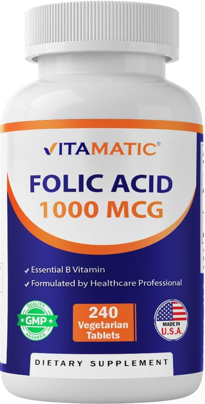 Vitamatic Folic Acid 1000 mcg (1 mg), 240 Vegetarian Tablets | Vitamin B9 | 1667 mcg DFE Folate, Support Healthy Cell Growth*, Red Blood Cell Formation*, Gluten Free, Non-GMO, Made in USA
