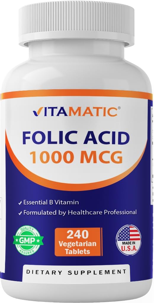 Vitamatic Folic Acid 1000 mcg (1 mg), 240 Vegetarian Tablets | Vitamin B9 | 1667 mcg DFE Folate, Support Healthy Cell Growth*, Red Blood Cell Formation*, Gluten Free, Non-GMO, Made in USA