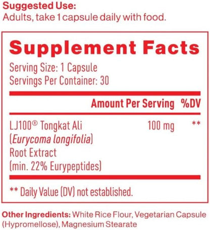 Mdrive Tongkat Ali LJ100 Longjack Mens Supplement 30 Veg Capsules | Boost Vitality Hormone Support Eurycoma Longifolia Extract Enhance Libido Stamina Muscle Tone Performance Non GMO Vegan