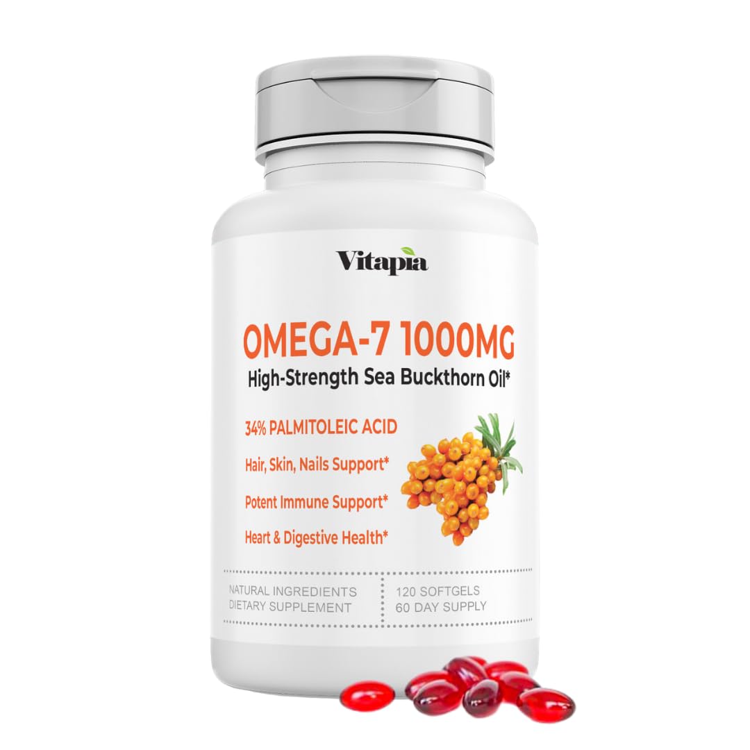 Omega 7 Sea Buckthorn Berry Oil 1000mg for Hair, Skin, Nails, Heart Health Support - 34% Palmitoleic Acid & Natural Omega 3 6 9 Fatty Acids Supplement - 120 Capsules, Non-GMO, Gluten-Free