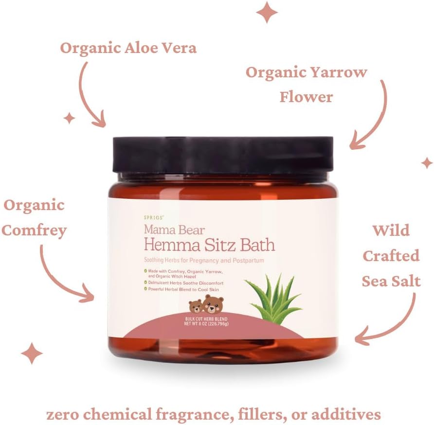 SPRIGS Mama Bear Hemma Sitz 5 Oz | Natural Soak for ‘Hemmies’ & Prenatal & Postpartum Recovery | Herbal Bath with Sea Salt, Organic Aloe Vera, Witch Hazel, Yarrow & Calendula | Support for After Birth