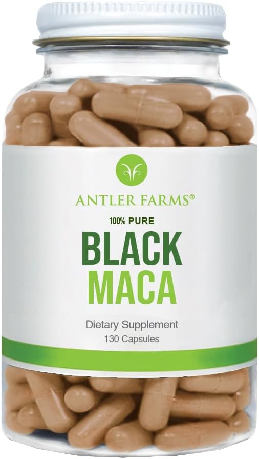 Antler Farms 100% Pure Black Maca Root, 130 Capsules, 1500mg | Grown in the Junin Plateau in Peru, Male Energy, Vitality & Stamina, Hormonal Balance, Memory & Mental Clarity