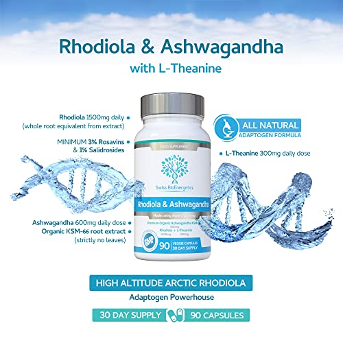 Rhodiola & Ashwagandha with L-Theanine - Award Winning Ashwagandha KSM-66 600mg