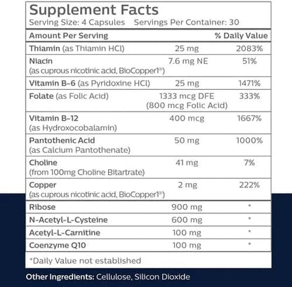 MitoAdvanced BioCopper1 Cu1 (Cunermuspir) - Bioavailable Copper Mitochondrial Cocktail with Coq10, Thiamin, Ribose, Folate, Choline and Pantothenic Acid - Anti-Aging, Anti-Graying - 120ct