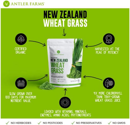 Antler Farms - 100% Pure Organic New Zealand Wheatgrass Powder, 40 Servings, 200g - Raw, Vegan, Gluten Free, Nutrient Rich, High Chlorophyll Wheat Grass, Detox, Essential Amino Acids, Minerals | 100% Pure, Raw, Vegan, Gluten Free, Nutrient Rich, High Chlo