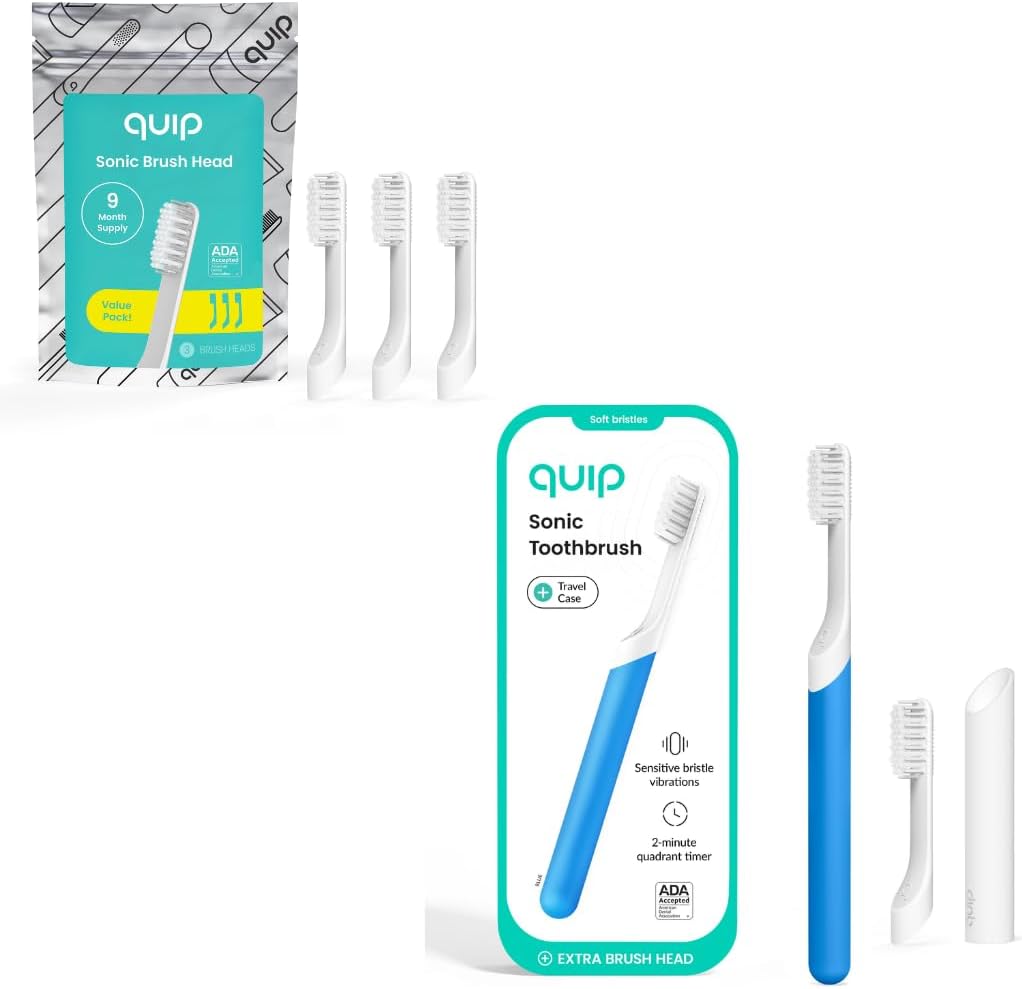 Quip Sonic Toothbrush for Adults with Replacement Heads 3 Pack Product Bundle - Includes Travel Cover Mount - Electric, Soft, Plastic Handle, 3 Month Battery Life - Blue