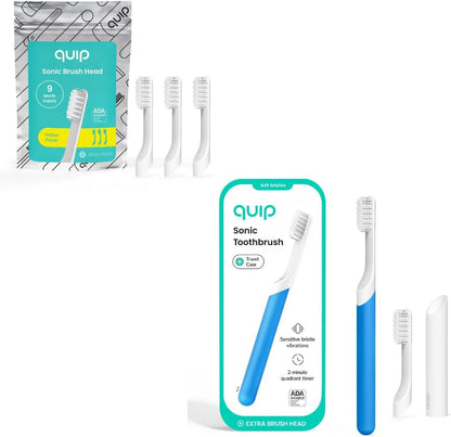 Quip Sonic Toothbrush for Adults with Replacement Heads 3 Pack Product Bundle - Includes Travel Cover Mount - Electric, Soft, Plastic Handle, 3 Month Battery Life - Blue