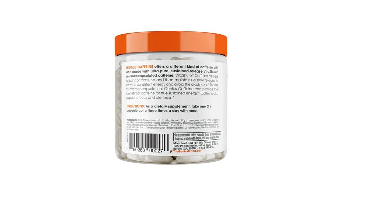 Genius Caffeine Pills 100mg, Extended-Release Microencapsulated Caffeine Pills