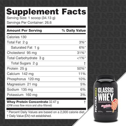 NutraBio Classic Whey Protein Powder Supplement - 25g of Protein Per Scoop - Full-Spectrum