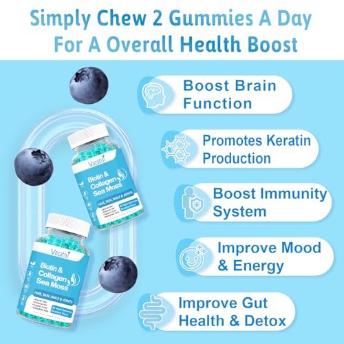 2 Pack Biotin Gummies 15000mcg with Collagen, Sea Moss, Chlorophyll & Keratin for Hair