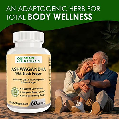 Smart Naturals Organic Ashwagandha with Black Pepper Herbal Supplements, Relieves
