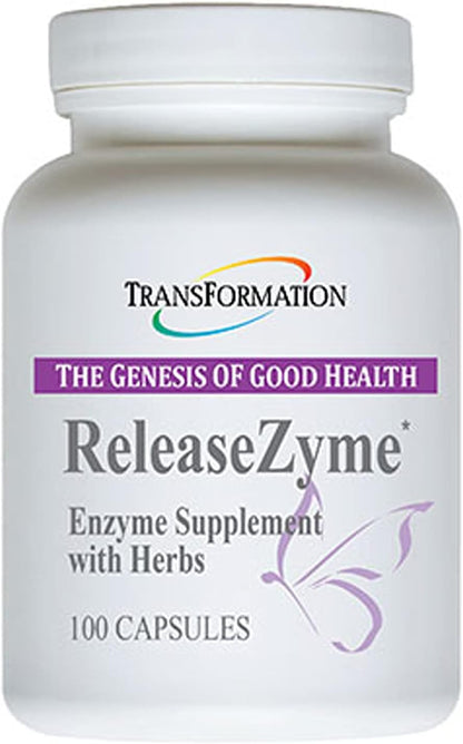 TRANSFORMATION THE GENESIS OF GOOD HEALTH Enzymes ReleaseZyme Blend Supplement with Natural Herbs, Advanced Digestive Support Formula with Protease, Helps Break Down Proteins, Plant Based Enzymes, 100