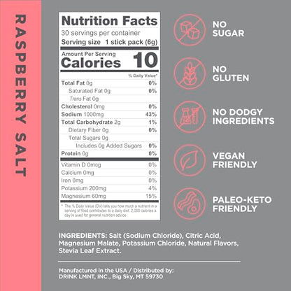 LMNT Zero-Sugar Electrolytes - Raspberry Salt - Hydration Powder Packets | No Dodgy