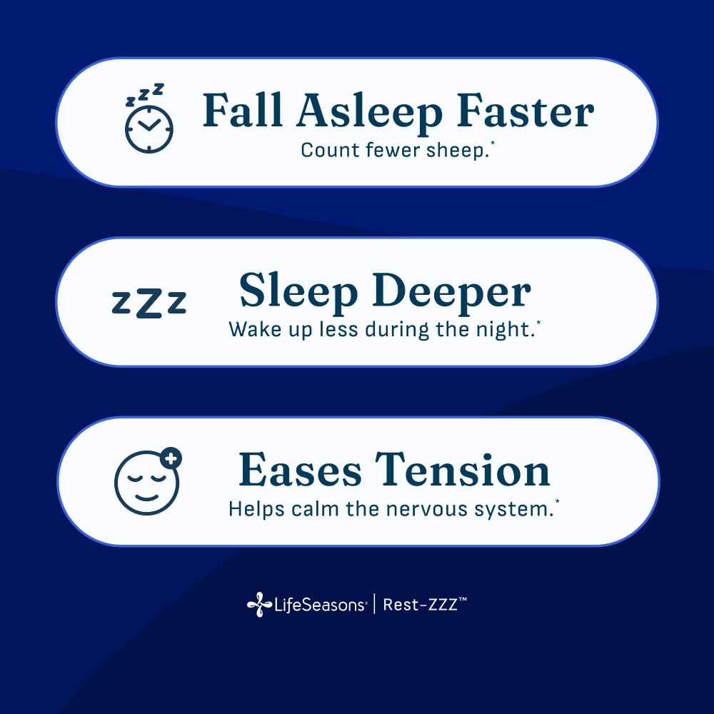 LifeSeasons Rest-ZZZ - Natural Sleep Support Supplement - Fall Asleep & Stay Asleep - Calms Nervous System - Ease Muscle Tension & Restlessness - Low Dose Melatonin GABA & Chamomile - 60 Capsules