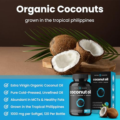 NutraChamps Organic Coconut Oil Capsules 2000mg - 120 Softgels Extra Virgin, Unrefined