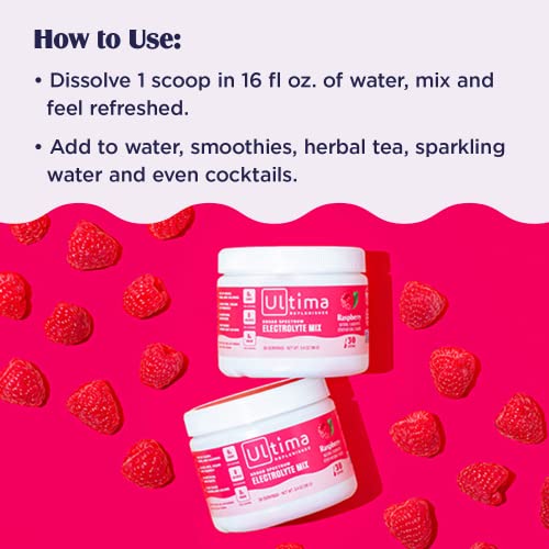 Ultima Replenisher Raspberry Electrolyte Powder, New Formula, 30 Serving Canister
