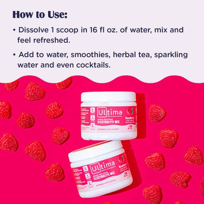 Ultima Replenisher Raspberry Electrolyte Powder, New Formula, 30 Serving Canister