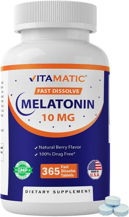 Vitamatic Melatonin 10 mg Fast Dissolve Tablets – Quick-Dissolving Sleep Support Supplement for Adults – Vegetarian, Non-GMO & Gluten-Free – Natural Berry Flavor – 365 Tablets