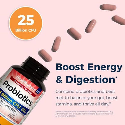 NewRhythm Probiotics 50 Billion CFU 20 Strains, 60 Veggie Capsules and Probiotics for Women & Men 25 Billion CFU, w/Organic Beet Root 2000 mg