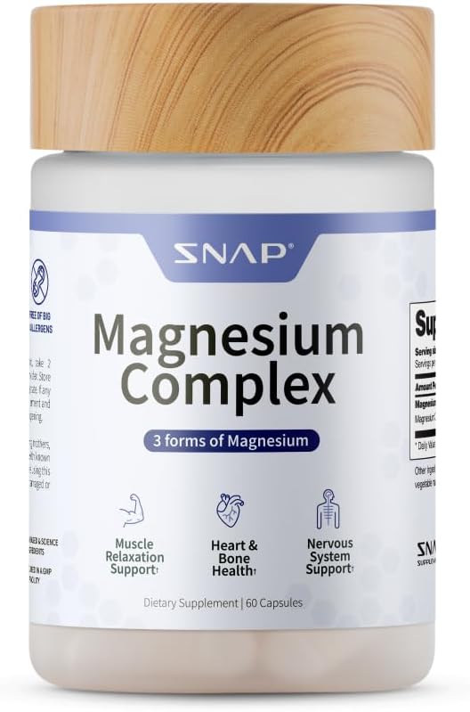 Snap Supplements Triple Magnesium Complex for Women & Men, 60 Capsules | 3-in-1 Magnesium Supplement: Bisglycinate, Citrate & Oxide, Sleep & Muscle Support, Chelated for High-Absorption, Vegan