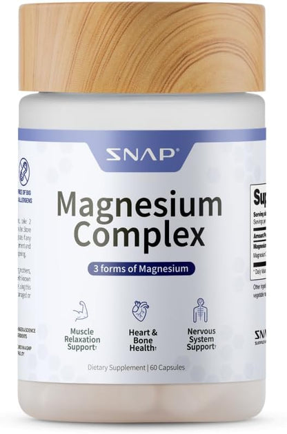 Snap Supplements Triple Magnesium Complex for Women & Men, 60 Capsules | 3-in-1 Magnesium Supplement: Bisglycinate, Citrate & Oxide, Sleep & Muscle Support, Chelated for High-Absorption, Vegan