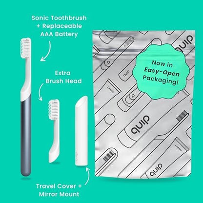 Quip Metal Sonic Electric Toothbrush for Adults with Replacement Heads Product Bundle - Timed Ravel with Soft Bristles and Travel Case with 3 Pack Brush Head Refills - Twilight Faded Blue