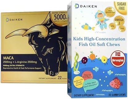 DAIKEN Family Bundle: Kids Fish Oil Omega-3 Gummies (300mg DHA/EPA + D3) & Extra Strength Maca Root Powder (6:1 Extract, Equiv. to 15,000mg Raw Maca) with L-Arginine - 30ct + 22pkts