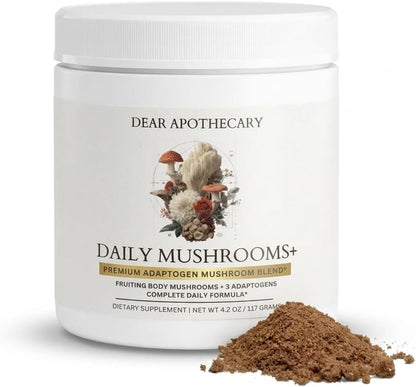 Daily Mushrooms+ Organic Mushroom Powder | 7 Fruiting Body Extracts + Adaptogens | Lion's Mane, Reishi, Cordyceps, Chaga | 60 Servings