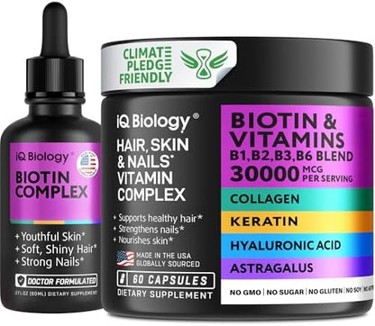 Complete Hair, Skin & Nail Health Bundle: Biotin Supplement with Collagen & Keratin + Liquid Biotin Drops with Astragalus for Enhanced Hair Growth, Thinning Hair Treatment, Skin Glow & Nail Repair