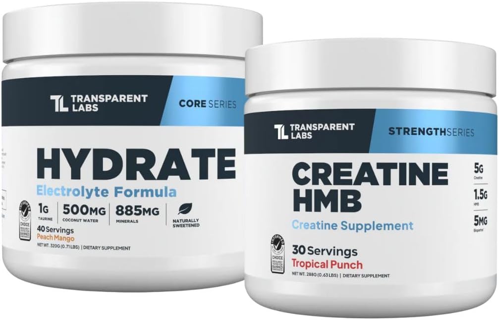 Transparent Labs Hydrate Electrolytes Powder (40 Servings, Peach Mango) & Creatine HMB (30 Servings, Tropical Punch)