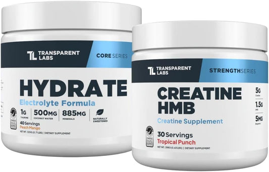 Transparent Labs Hydrate Electrolytes Powder (40 Servings, Peach Mango) & Creatine HMB (30 Servings, Tropical Punch)