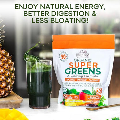 COUNTRY FARMS Super Greens Pineapple-Mango Flavor, 50 Organic Super Foods, USDA