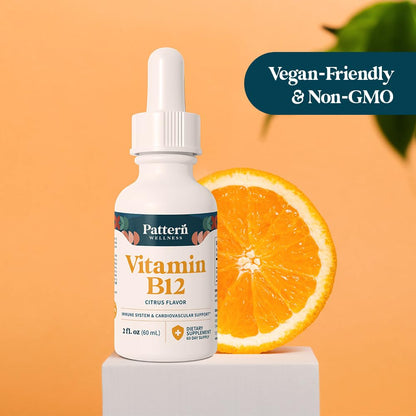 Pattern Wellness Vitamin B12 5000 mcg – Sublingual Liquid Drops – Methylcobalamin, Supports Energy & Immune Health – Vegan Citrus Flavor – 2 fl. oz (60mL), 3rd Party Lab Tested