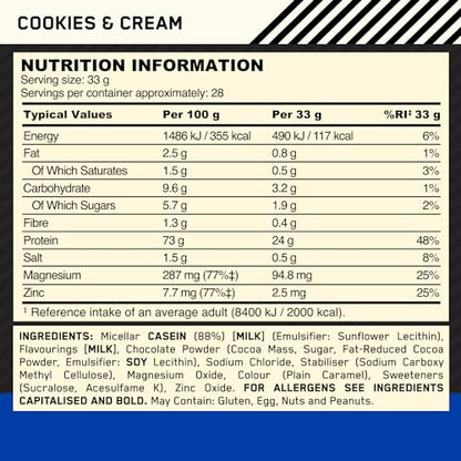 Optimum Nutrition Gold Standard 100% Casein Slow Digesting Protein Powder with Zinc