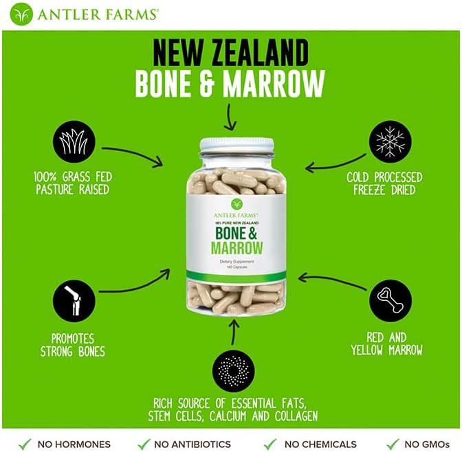 Antler Farms New Zealand Bone & Marrow - Grass Fed, 750mg, 180 Capsules | 100% Pure, Pasture Raised Whole Bone Extract, Healthy Essential Fats, Stem Cells, Collagen, Calcium, Phosphorus and Minerals
