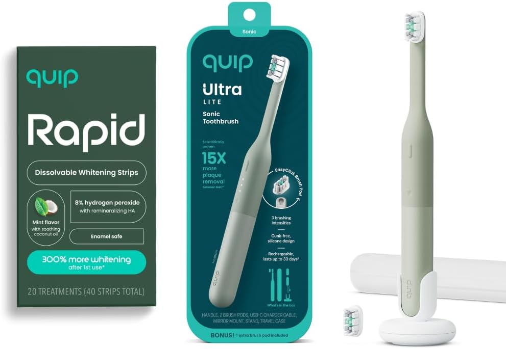 Quip Ultra Lite Sonic Electric Toothbrush with Rapid Dissolvable Teeth Whitening Strips Product Bundle - 15X More Plaque Removal, 20 Treatment Strips, Mint with Coconut Oil - Meadow Green