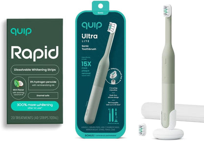 Quip Ultra Lite Sonic Electric Toothbrush with Rapid Dissolvable Teeth Whitening Strips Product Bundle - 15X More Plaque Removal, 20 Treatment Strips, Mint with Coconut Oil - Meadow Green