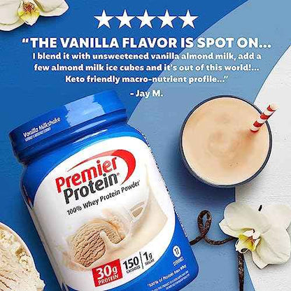Premier Protein Powder, Vanilla Milkshake, 30g Protein, 1g Sugar, 100% Whey Protein