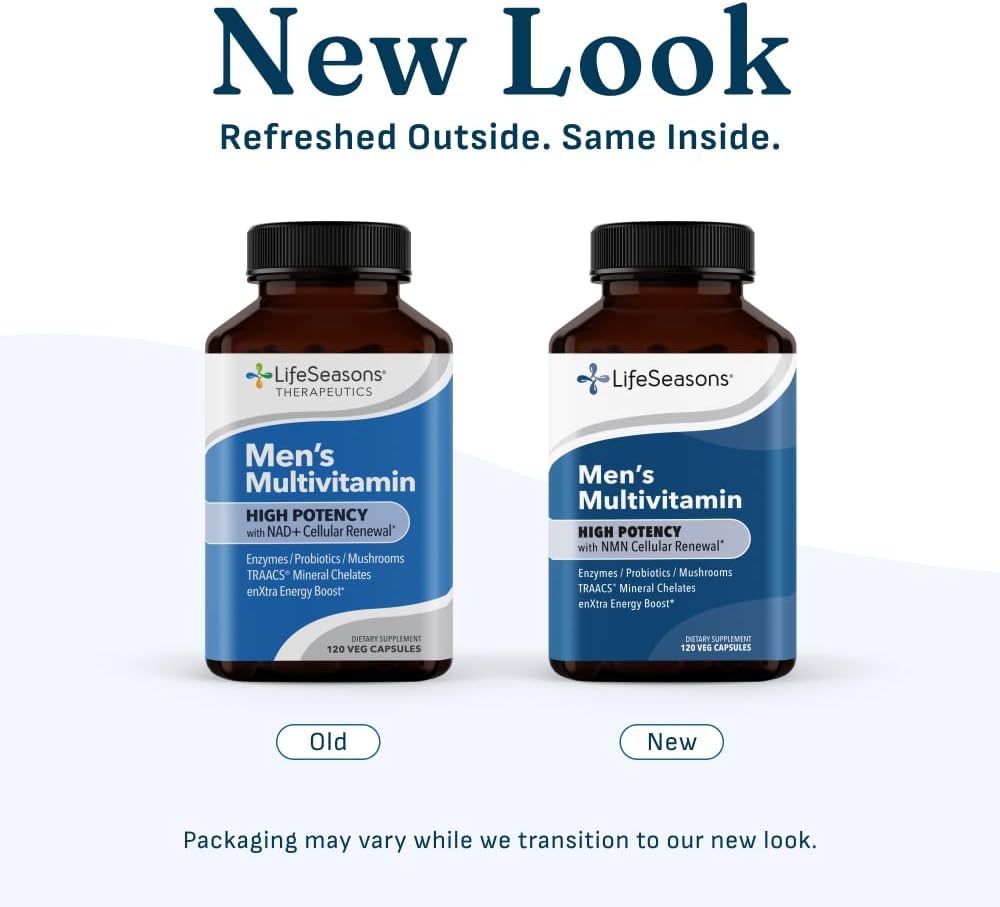 LifeSeasons Men's Multivitamin – High Potency with 21 Vitamins & Minerals, PureWay-C®, NAD+, Active B-Vitamins, TRAACS® Chelates, enXtra® for Energy, Probiotics & Mushrooms – 120 Veg Capsules