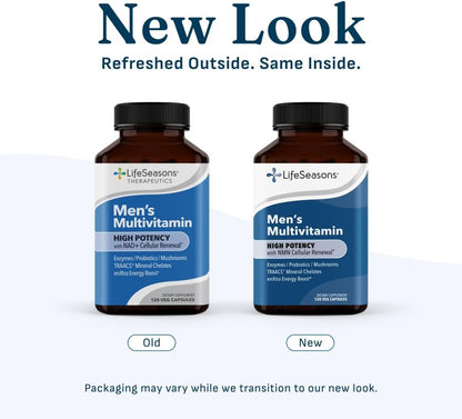 LifeSeasons Men's Multivitamin – High Potency with 21 Vitamins & Minerals, PureWay-C®, NAD+, Active B-Vitamins, TRAACS® Chelates, enXtra® for Energy, Probiotics & Mushrooms – 120 Veg Capsules